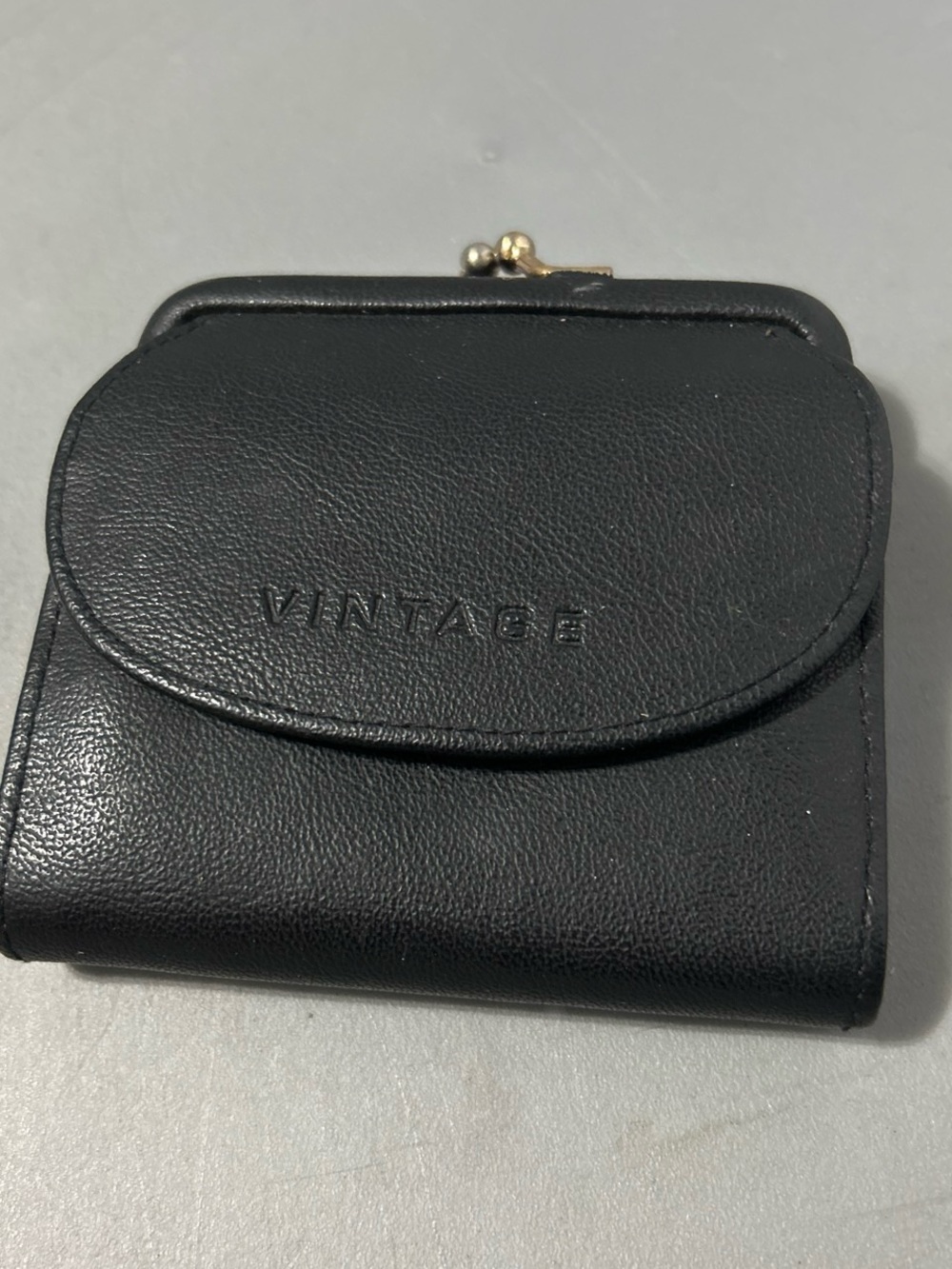 Vintage Black Leather Coin-Frame Compact Wallet